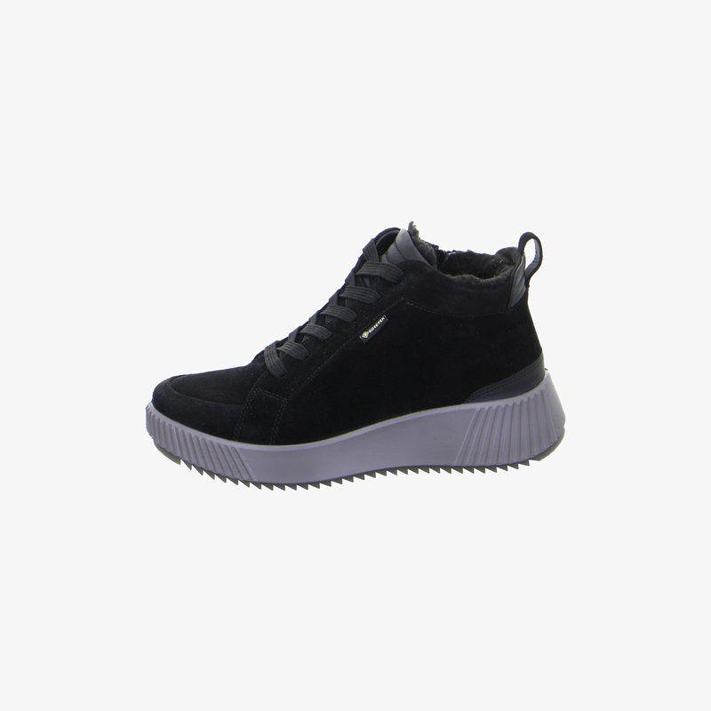 Black suede high-top sneaker with gray textured platform sole, lace-up front, and inner fleece lining, angled left on white background.