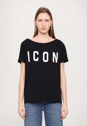 Black short-sleeve T-shirt with a wide neckline featuring bold white "ICON" lettering across the front, made from a soft, smooth fabric.