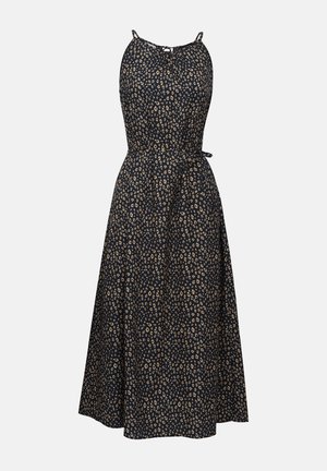 Svart ermeløs kjole med leopardmønster i beige, tettsittende midje, utsvingt skjørt og en dekorativ knytning i livet.