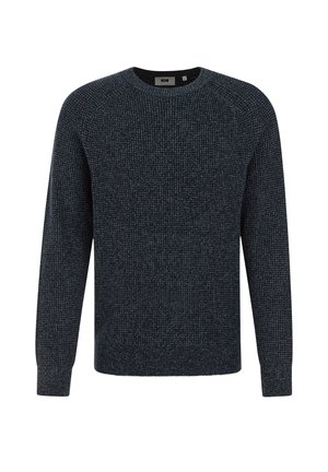 Maglione lavorato a maglia blu navy con un motivo testurizzato, scollo a girocollo e maniche lunghe. Presenta polsini e orlo rinforzati per un look aderente.