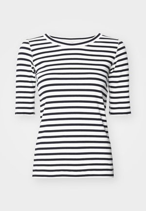 Black and white striped t-shirt with a round neckline and short sleeves, made of smooth, stretchy fabric. Features even horizontal stripes.