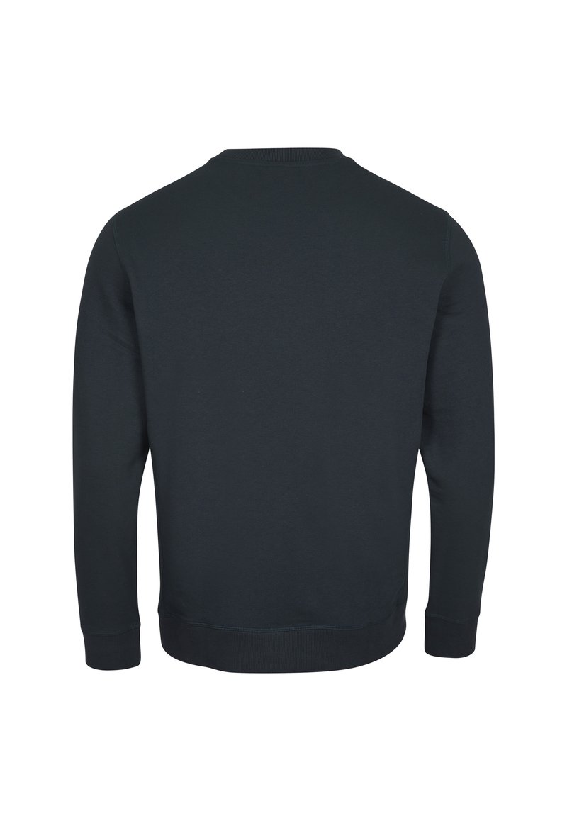 Sudadera gris oscuro con mangas largas, cuello redondo y puños acanalados. Textura suave, sin patrones ni herrajes visibles. Vista trasera mostrada.