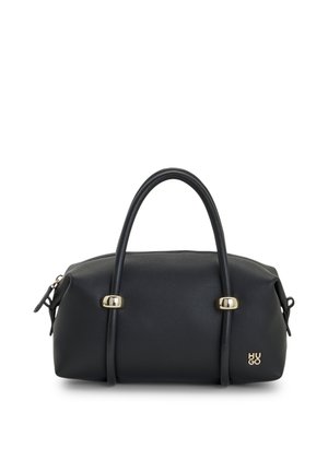 Schwarze Lederhandtasche mit zwei abgerundeten Griffen, goldenen Details und "HUGO" Logo an der Seite, auf weißem Hintergrund gezeigt.