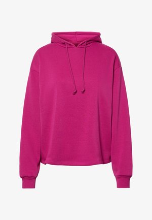 Fuchsiová mikina s kapucňou vyrobená z mäkkého materiálu. Má voľný strih, šnúrku na krku a rebrované manžety. Hladká textúra.
