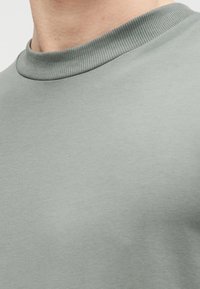 Lysegrøn crewneck t-shirt lavet af glat stof med ribbet krave og tætsiddende pasform uden synlige mønstre eller detaljer.