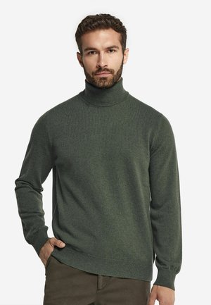 Dunkelgrüner Rollkragensweater aus weichem Strickmaterial, mit langen Ärmeln und geripptem Saum. Glatte Textur mit figurbetontem Design.