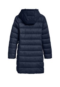 Marinblå puffjacka med huva, med ett kviltat mönster, långa ärmar, förlängd passform och texturerad yta.