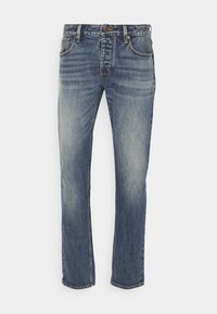 Blå denimjeans med rak benklippning, blekt utseende, två framfickor och en midja med metallknappstängning.