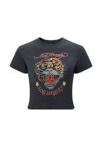 Sort cropped t-shirt med et farverigt tiger-graphic med røde, gule og grønne accenter samt teksten "Ed Hardy Los Angeles."