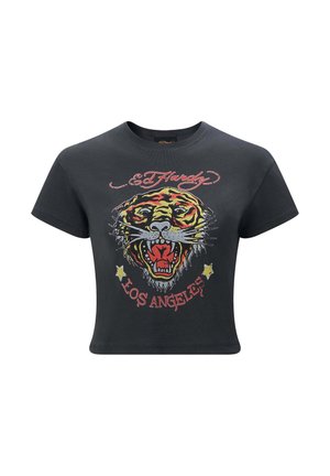 Black cropped t-shirt featuring a colorful tiger graphic with red, yellow, and green accents, and text "Ed Hardy Los Angeles."
