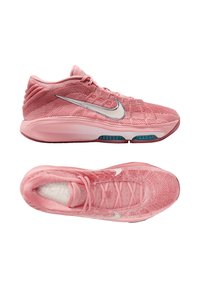 Rosa Sportschuhe mit Mesh-Obermaterial, strukturiertem Design und silbernem Nike-Swoosh. Sie verfügen über eine gepolsterte Sohle mit sichtbaren Luftkammern.