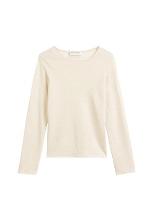 Long-sleeve cream top in soft fabric with a rounded neckline and relaxed fit. Features minimal stitching details and no patterns.