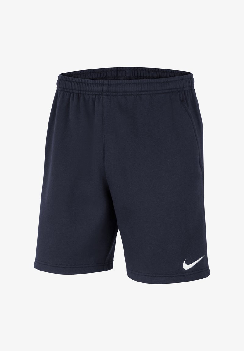 Marineblaue Sportshorts aus weichem Stoff mit einem elastischen Bund und Seitentaschen. Mit einem weißen Nike-Logo am Unterschenkel.