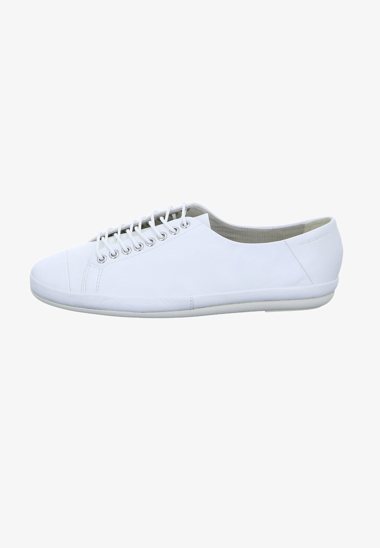 White canvas sneakers with a smooth texture, rounded toe, and five pairs of eyelets for laces. Minimalist design, lightweight sole.