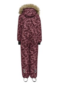 Maroon patterned snowsuit with faux fur-lined hood, long sleeves, and elastic cuffs. Features reflective accents near foot and zipper detail.