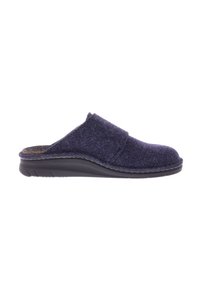 Navyblauwe instapslipper met vilten bovenkant en zwarte gevoerde zool, ontworpen voor binnencomfort.