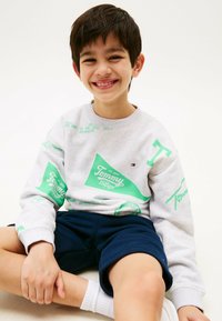 Lichtgrijze sweatshirt met groene "Tommy Hilfiger" opdruk, gecombineerd met marineblauwe shorts. Glad materiaal met geribbelde manchetten. Zittende pose.