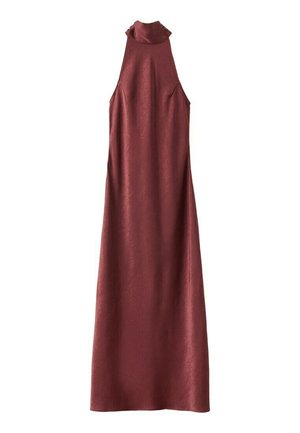 Vestido granate sin mangas, de cuello alto y largo hasta el suelo, con un sutil patrón texturizado y cuerpo ajustado.