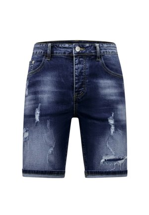 Donkerblauwe denim shorts met vervaagde plekken en opzettelijke scheuren, met voorzakken, riemlussen en een knoopsluiting.