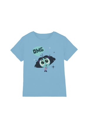 Light blue short-sleeve t-shirt featuring a cartoon character with large green eyes and black hair, saying "OMG" in a speech bubble.