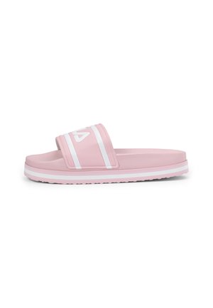Sandale en slide rose en matériau synthétique avec une épaisse lanière blanche comportant deux rayures blanches. Semelle en EVA pour le confort et l'adhérence.