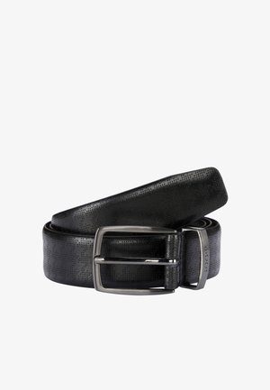 Ceinture en cuir noir avec un motif texturé, dotée d'une boucle rectangulaire en argent et d'une finition lisse sur la sangle.