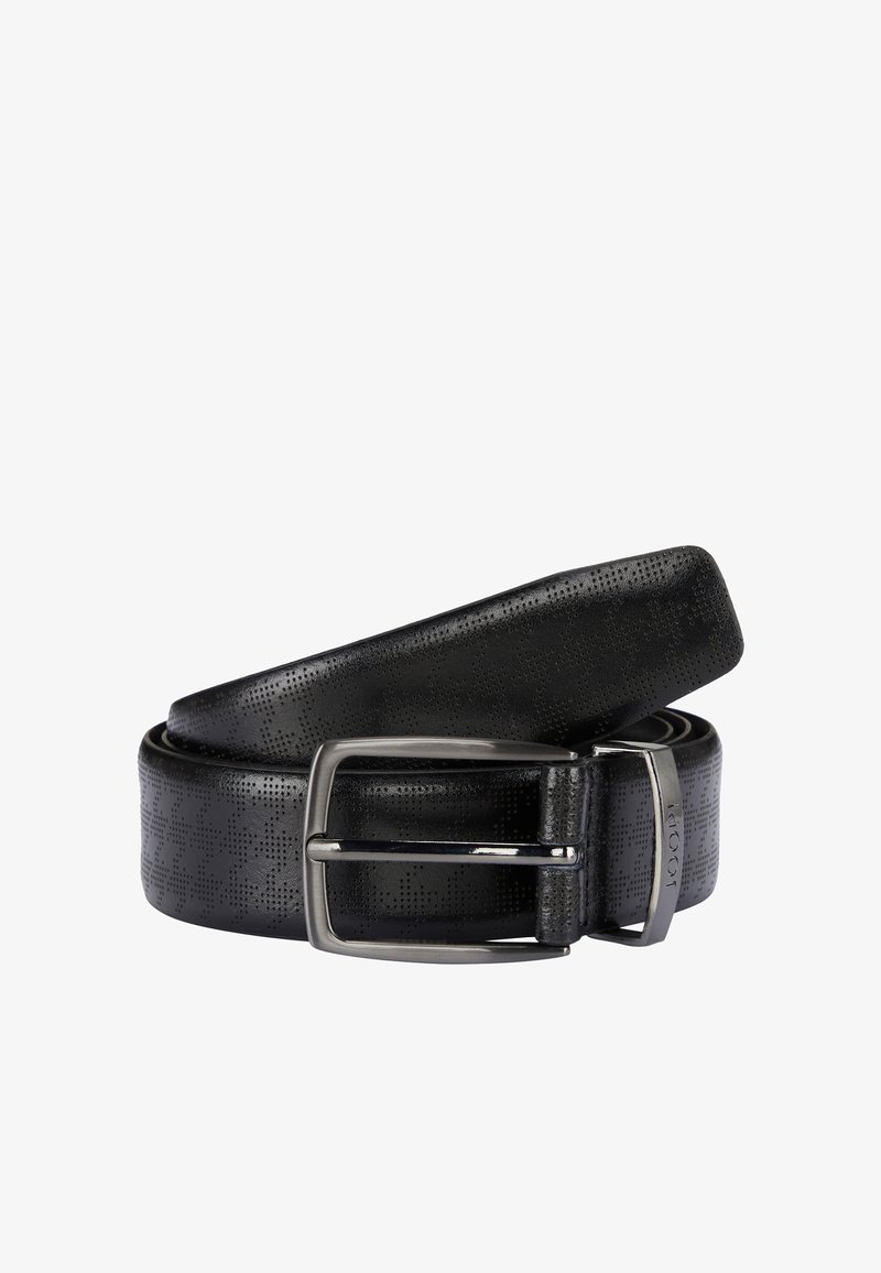 Cintura in pelle nera con un motivo testurizzato, dotata di una fibbia rettangolare in argento e una finitura liscia sulla cinghia.