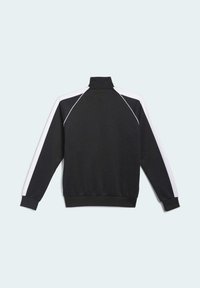 Sudadera negra con cuello alto, paneles laterales blancos, puños y cinturilla acanalados. Textura de tela suave, diseño minimalista, parte trasera sin adornos.