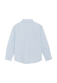Lichtblauwe blouse met lange mouwen en een kraag, met knopenmanchetten, een rechte zoom en een effen textuurstof. De achterkant laat schouderdetails zien.