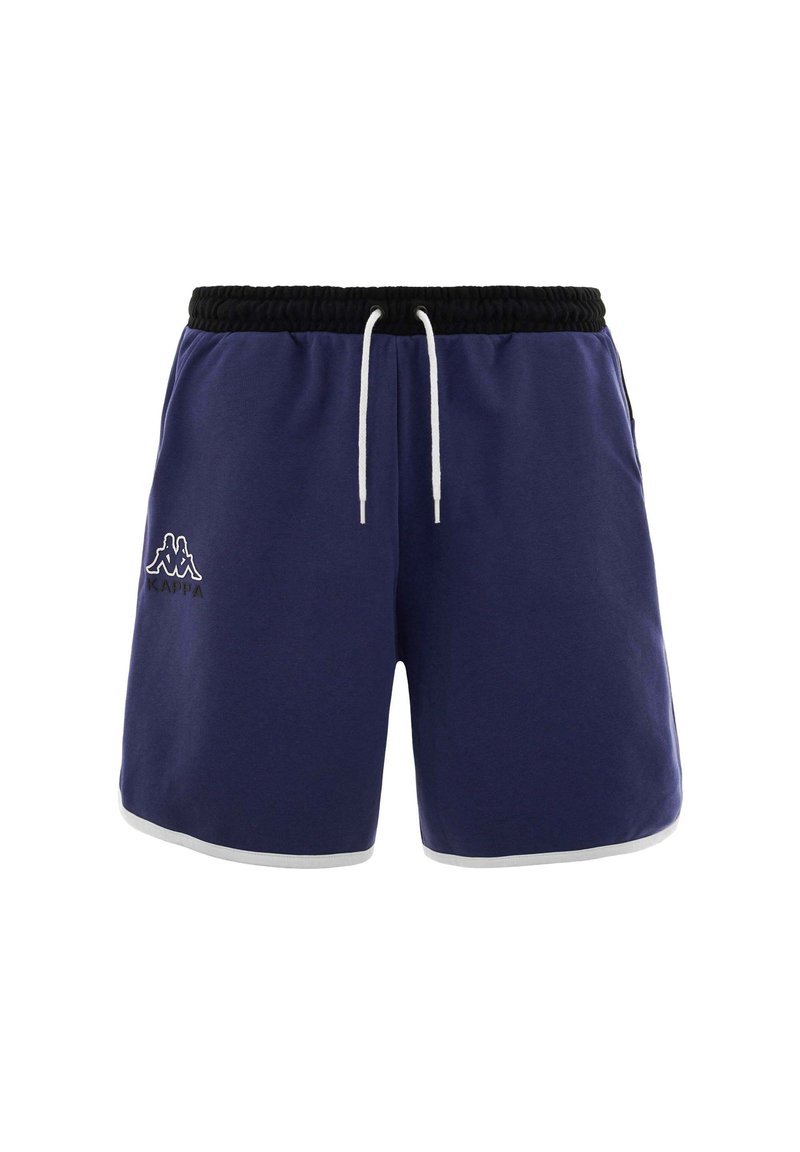 Pantaloni sportivi blu navy con cintura elastica nera, cordino bianco e rifiniture bianche. Presenta il logo Kappa sulla coscia sinistra.