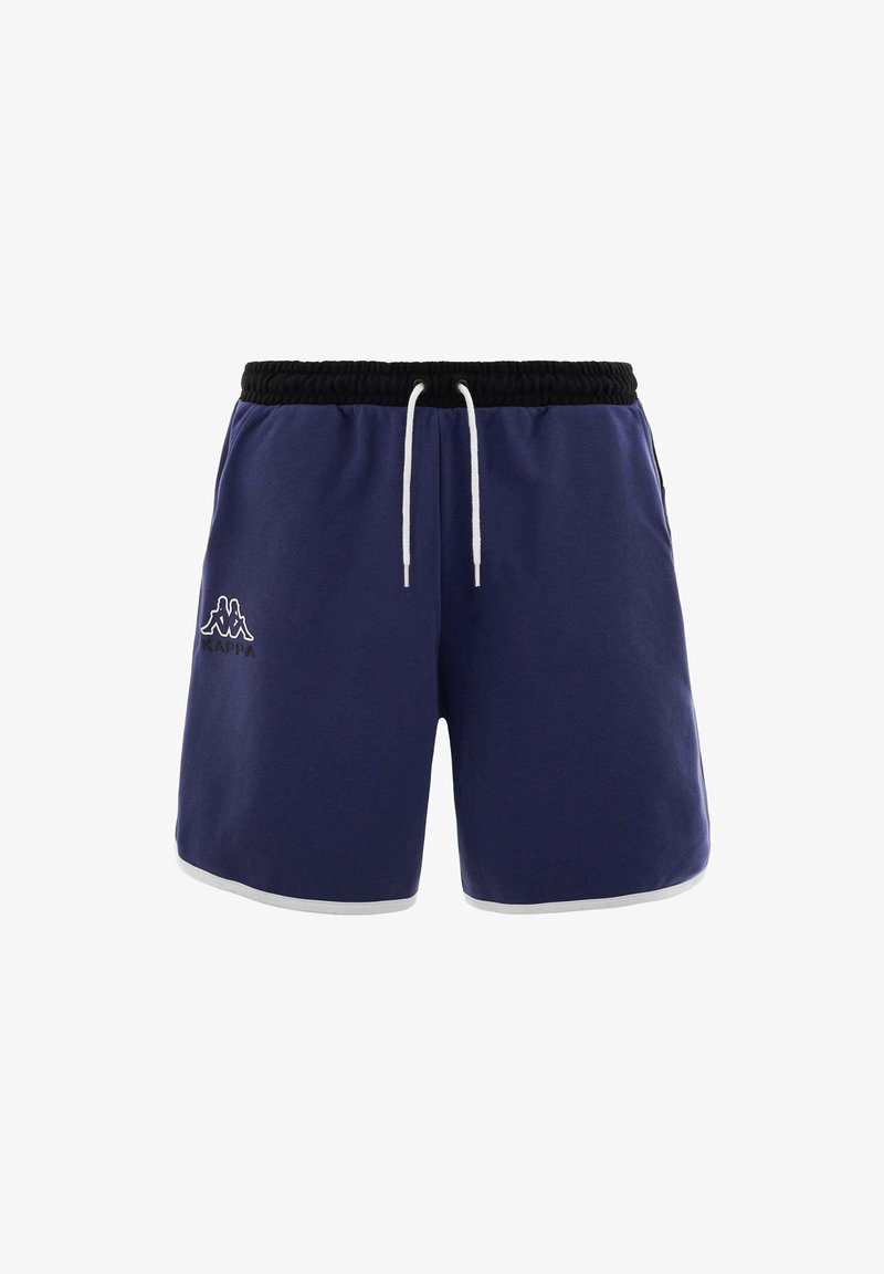Pantaloni sportivi blu navy con cintura elastica nera, cordino bianco e rifiniture bianche. Presenta il logo Kappa sulla coscia sinistra.