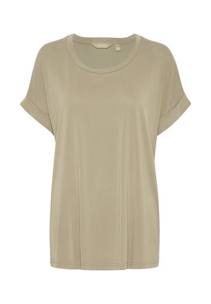Luźna koszulka z krótkim rękawem w jasnym beżu. Wykonana z miękkiego materiału, z okrągłym dekoltem i podwiniętymi rękawami. Prosty i schludny design.