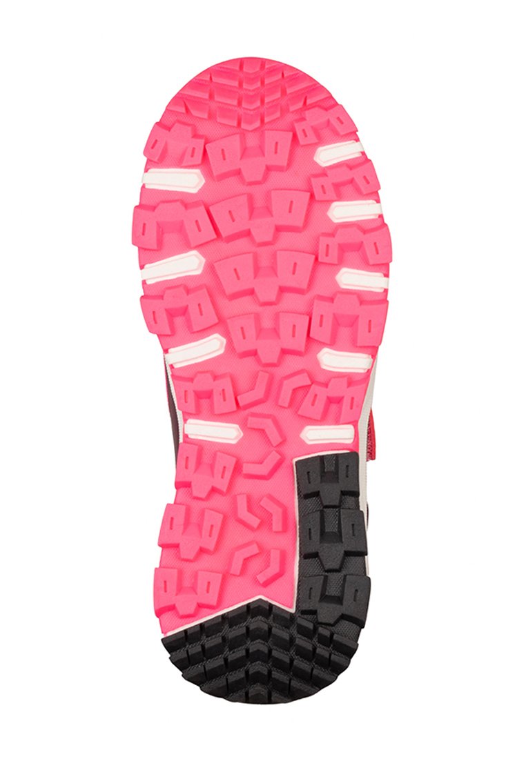 Schuhsohle mit pinkem und schwarzem Gummimuster, ausgestattet mit tiefen Lugs und weißen rechteckigen Akzenten für verbesserten Grip und Traktion.