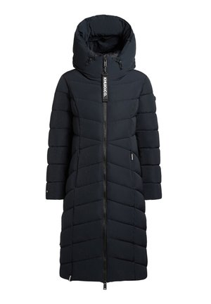 Dug puffer kaput u tamnoplavoj boji, sa visokim ovratnikom, dijagonalnim kvadratom, dva džepa sa zatvaračem i prednjim zatvaračem.