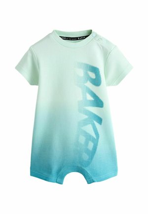 Baby-Strampler mit kurzem Ärmel in einem Farbverlauf von Blau zu Grün und vertikal angeordnetem, gepunktetem Schriftzug "BAKER" auf der Vorderseite, mit Druckknöpfen an der Schulter.