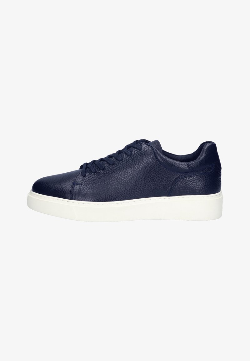 Navy leather sneaker with textured upper, white rubber sole, lace-up design, rounded toe, and minimalistic aesthetic.