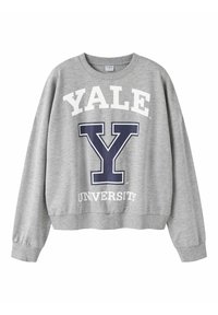 Pelēks džemperis ar baltu uzrakstu "YALE" un "UNIVERSITY", un lielu tumši zilu "Y" logotipu. Garas piedurknes un ribota apakšmalā.