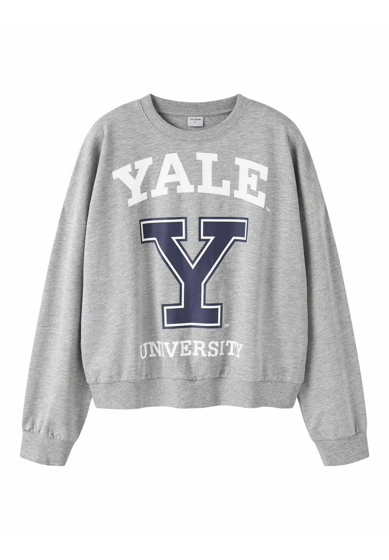 Pelēks džemperis ar baltu uzrakstu "YALE" un "UNIVERSITY", un lielu tumši zilu "Y" logotipu. Garas piedurknes un ribota apakšmalā.