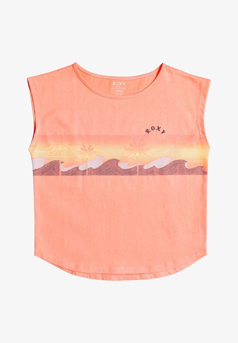 Chemise sans manches pour fille couleur corail avec imprimé palmier et vague en jaune et violet, avec texte "ROXY" sur la partie haute de la poitrine.