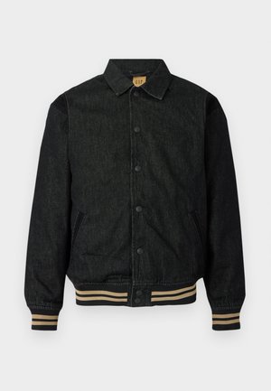 Black denim jacket with a button-up front, ribbed cuffs, and elastic waistband. Features a collar and side pockets.