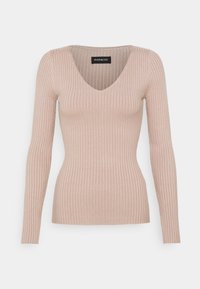 Jasnoróżowy prążkowany top z długim rękawem i dekoltem w serek. Wykonany z miękkiej, teksturowanej tkaniny, o dopasowanym kroju podkreślającym sylwetkę.