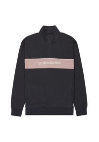 Dunkelblaues Pullover mit hohem Kragen, der über einen pinken Horizontalstreifen und weißen Logo-Text verfügt. Glattes Material mit gerippten Bündchen und Saum.