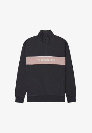 Donkerblauwe pullover met hoge kraag, voorzien van een roze horizontale streep en witte logo-tekst. Glad materiaal met geribde manchetten en zoom.