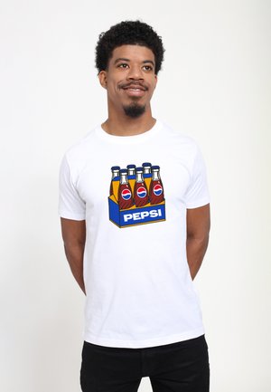 White cotton t-shirt featuring a graphic of a six-pack of Pepsi bottles in a blue and yellow box with "PEPSI" text in bold letters.