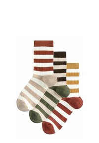 Four pairs of striped socks. Colors include brown, green, beige, and mustard. Ribbed texture, varying stripe widths, and contrasting heel colors.
