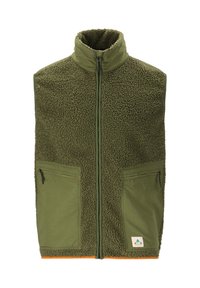 Olivi vihreä fleece-liivi, jossa on korkea kaulus, vetoketju ja kaksi etutaskua. Sen pinnassa on tekstuuria ja kontrastivärinen oranssi reunus helmassa.