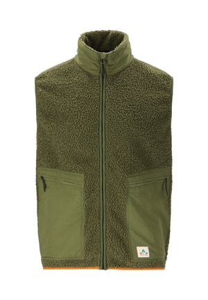 Gilet en polaire vert olive avec col montant, fermeture éclair et deux poches avant. Présente une surface texturée et une bordure orange contrastante au niveau de l'ourlet.