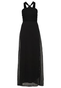 Robe longue noire sans manches avec bretelles croisées et corsage froncé, avec une jupe en superposition transparente.
