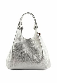 Borsa a tracolla in pelle argentata con superficie testurizzata, forma curva e ampia apertura. Presenta doppi manici per il trasporto.