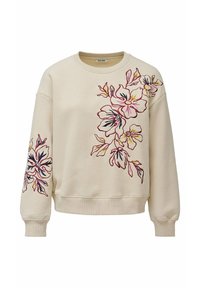 Sudadera beige con puños y dobladillo acanalados, que presenta diseños florales bordados multicolores en el pecho y la manga izquierda.